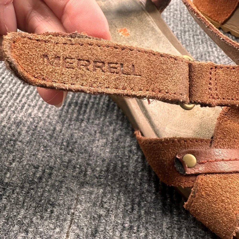 Merrell Revalli Sandals Women 8 Suede Wedge Brown Modern Casual Strappy Boho